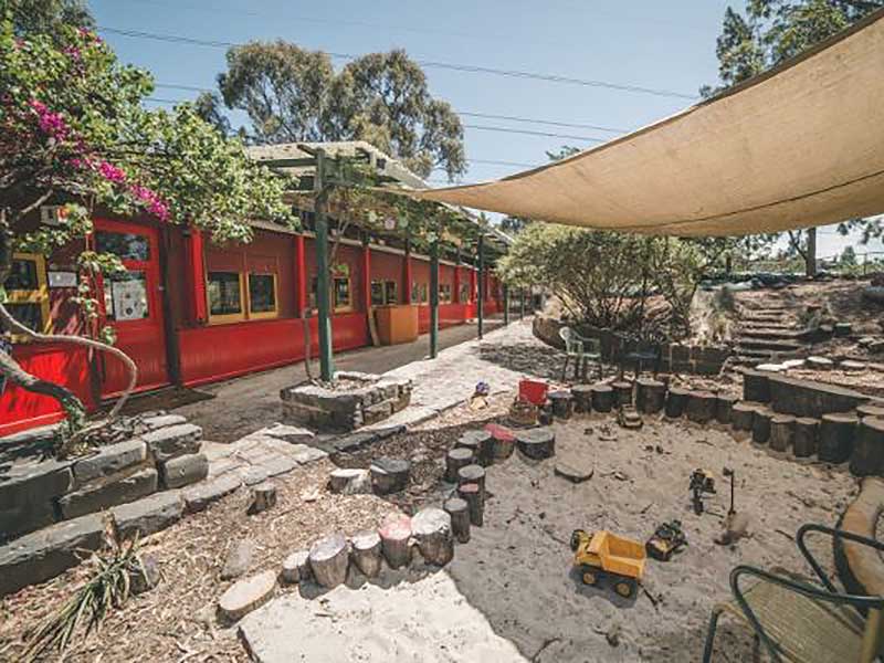 Red train, outside, sandpit, playground