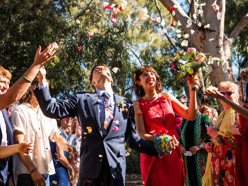 Outdoor wedding, confetti, gum trees